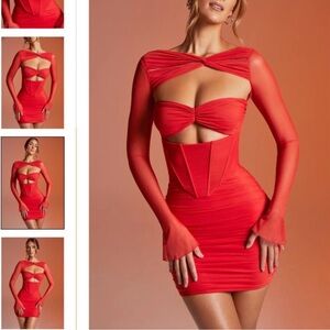 Oh Polly Ruched Fiery Red Cut-Out Long Sleeve Dress